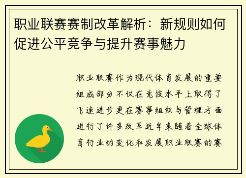 职业联赛赛制改革解析：新规则如何促进公平竞争与提升赛事魅力
