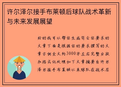 许尔泽尔接手布莱顿后球队战术革新与未来发展展望